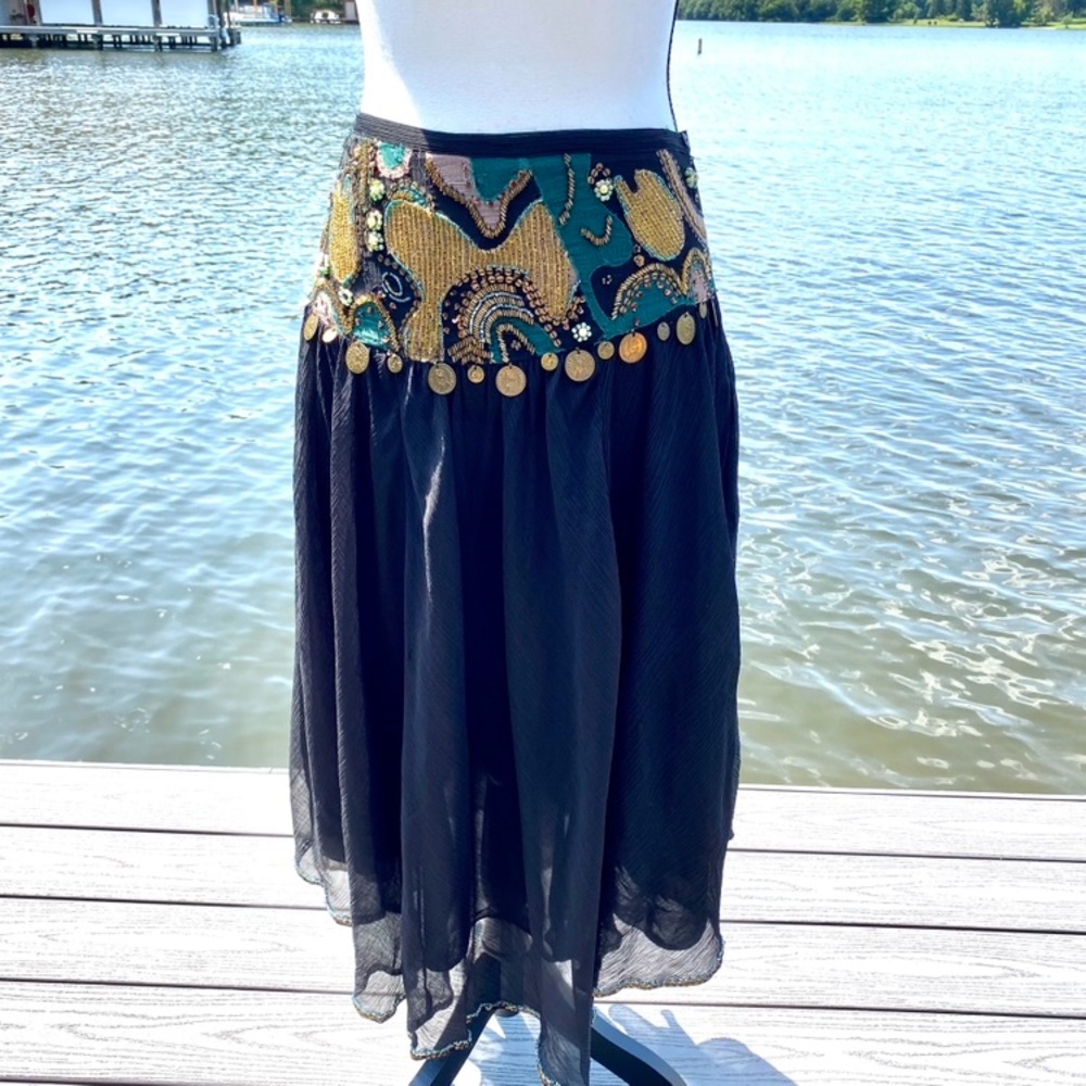 Vintage Marciano. Embellished Gauze Skirt w/ Gold Coin Waist ‘Bellydancer style’